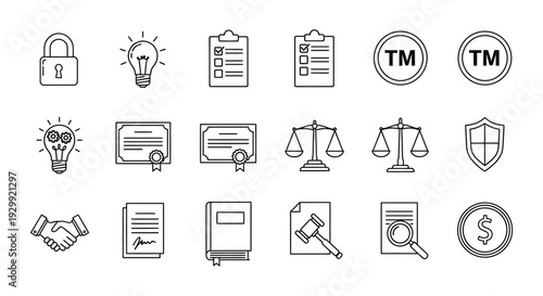 intellectual property and business law line icons representing ideas legal protection justice and contractual agreements.
