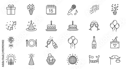line art party icons representing celebrations birthdays and festive events for graphic design and uiux projects.