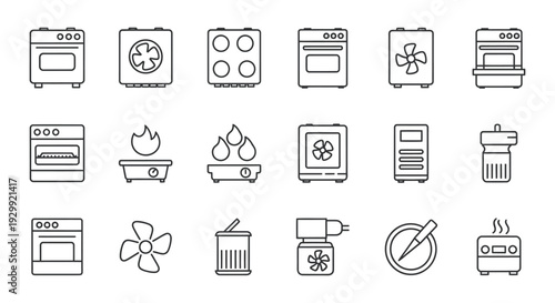 line art kitchen appliance icons set featuring ovens stovetops and ventilation fans ideal for culinary design and home technology concepts.