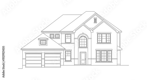 line drawing of a modern two-story house with garage front elevation architectural design for blueprints and real estate.