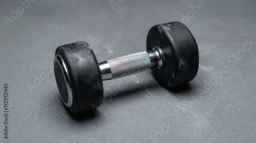 Rubber hex dumbbell with chrome knurl bar and flat non-roll sides, gray background