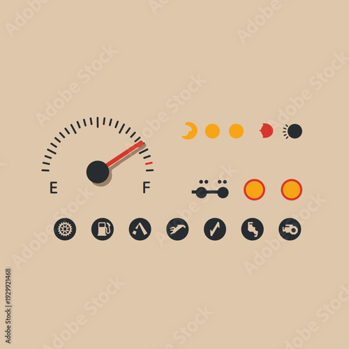 Car dashboard icons and gauges on a light brown background, including fuel, warning, and light indicators.
