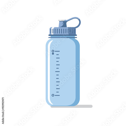 A light blue transparent water bottle with a dark blue lid and measurement markings, isolated on a white background.