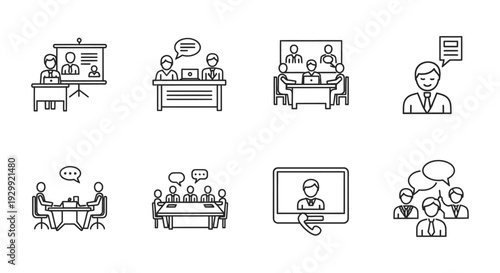 line icons of business meetings presentations and online communication depicting professional collaboration and discussion.