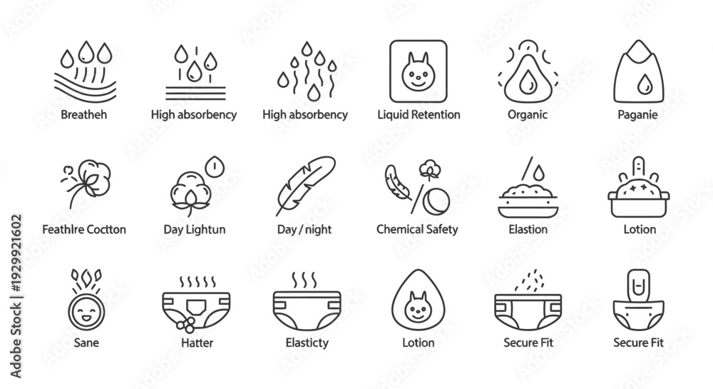 Fototapeta premium minimalist line art baby diaper feature icons set highlighting absorbency breathability and skin safety attributes.