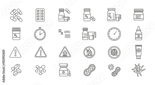 medical and pharmacy line icons illustrating dosage safety warnings and microbiological concepts for healthcare design