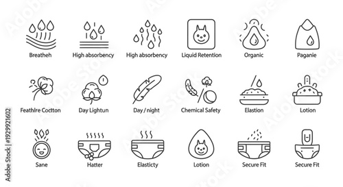minimalist line art baby diaper feature icons set highlighting absorbency breathability and skin safety attributes.