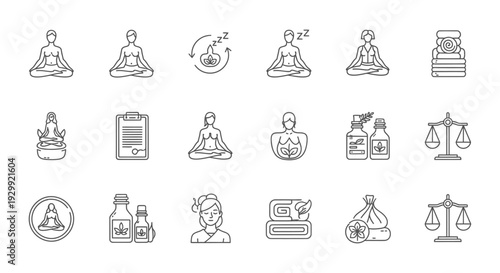 meditation and wellness line icons set illustrating natural remedies balance and holistic health for spa and healthcare designs.