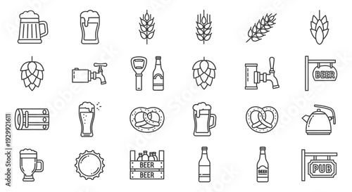 minimalist line art beer and brewing icons set perfect for pub bar craft beverage and menu design projects