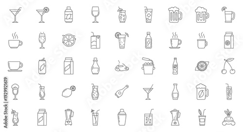 minimalist line art beverage icons illustrating diverse drinks and drinkware for cafes bars and restaurant menus