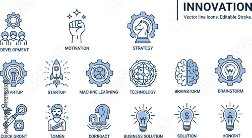 Vector line icons for innovation business strategy startup development motivation machine learning and technological growth solutions