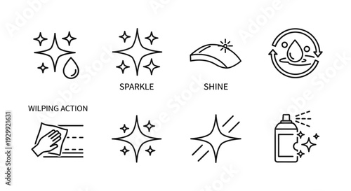 minimalist line art cleaning icons illustrating sparkle shine liquid action and wiping for hygiene product branding