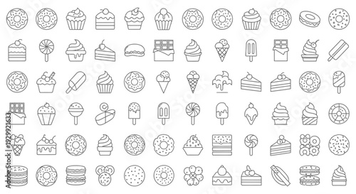 minimalist line art dessert icons collection featuring sweet treats cakes ice cream and pastries for menu design.