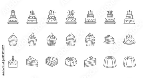 minimalist line art icons featuring birthday cakes cupcakes and various sweet desserts for web and print