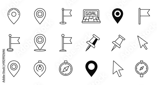 minimalist line art navigation and location icons featuring map pins flags and compasses for gps and travel design