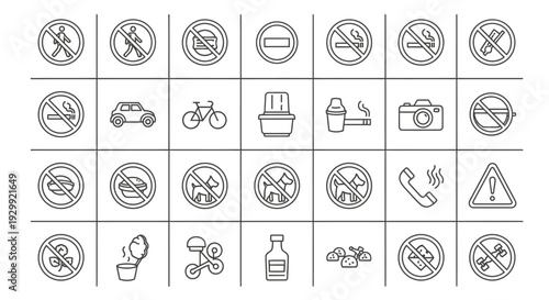 minimalist prohibition signs and safety regulation line icons for public rules and warnings in design.