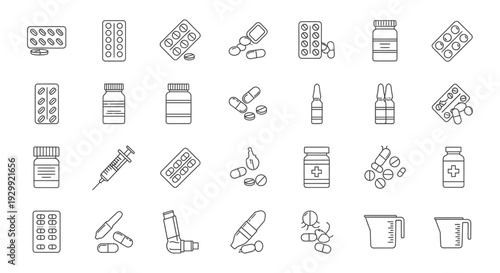 minimalist pharmaceutical icons illustrating various medical supplies and medication in outline vector style perfect for healthcare industry graphics.