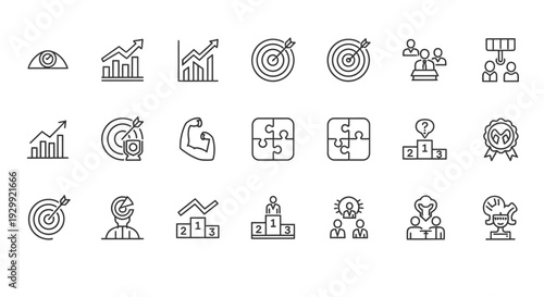 modern business line icons illustrating concepts of growth goal achievement teamwork strength and success strategy.