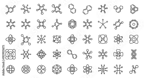minimalist line art icons of molecular structures atoms and dna representing chemistry and biology concepts for scientific and educational designs.