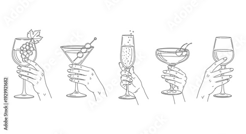 minimalist line art of hands holding diverse drinks in wine martini and champagne glasses perfect for party invitations or beverage concepts.