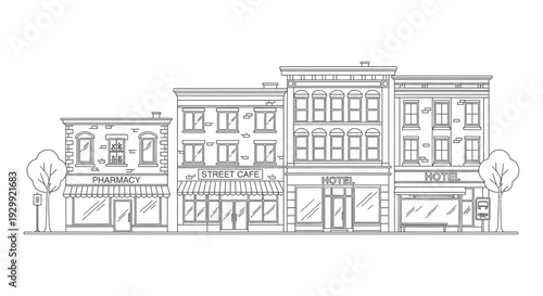minimalist line art illustration of a charming city street with a pharmacy cafe and two hotels depicting urban life.