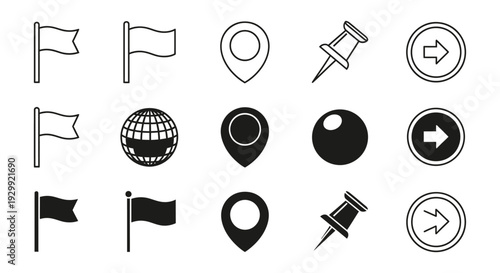 modern collection of navigation and location map icons including flags pins globes and arrows for digital user interface design.