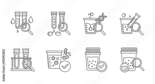 scientific laboratory research and medical diagnostics vector icon set showcasing test tubes dna and sample analysis
