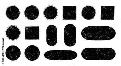 set of black grunge shapes and distressed textures including circles squares and ovals ideal for vintage design overlays.