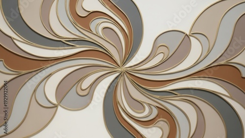 Abstract, elegant, intricate, and harmonious layered geometric pattern with dynamically swirling matte panels in muted earthy tones, accented by gleaming metallic gold outlines, radiating outwards