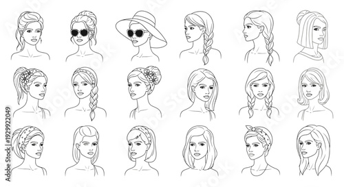 set of womens portrait illustrations featuring various elegant hairstyles headbands and hats perfect for beauty and fashion blogs