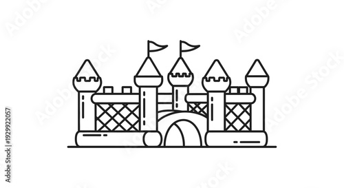 simple line art illustration of an inflatable bouncy castle perfect for childrens party invitations fun events and playful entertainment.