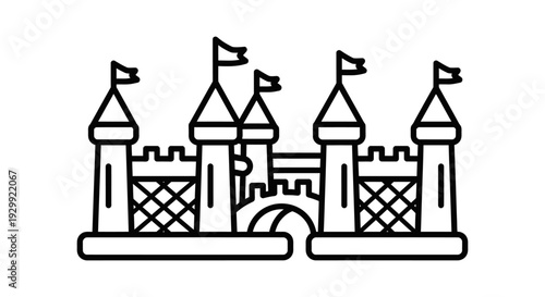 simple line art cartoon castle vector illustration featuring turrets and flags perfect for kids party invitations or game design.