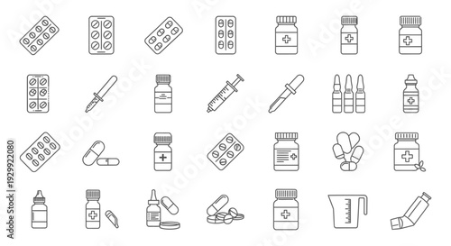 simple line art collection of medicine icons pharmaceutical products and medical supplies for healthcare and pharmacy concepts