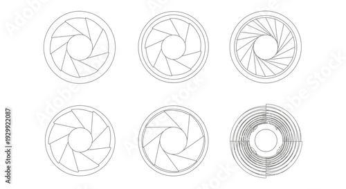 six unique camera aperture designs illustrating optical components and photography technology on a clean white background