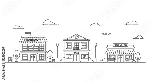simple line art illustration of urban services featuring a pharmacy bank and post office buildings depicting a modern city street.