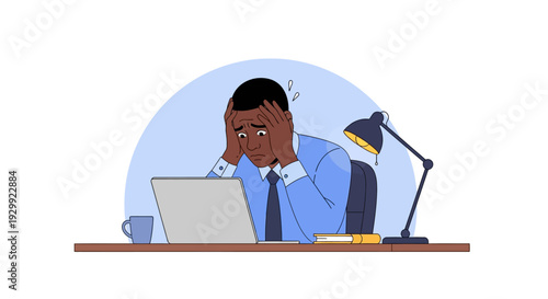 African American Businessman Overwhelmed by Work Stress, Deadline Pressure, and Burnout at Office Desk with Laptop. Frustrated Employee Mental Health Concept.