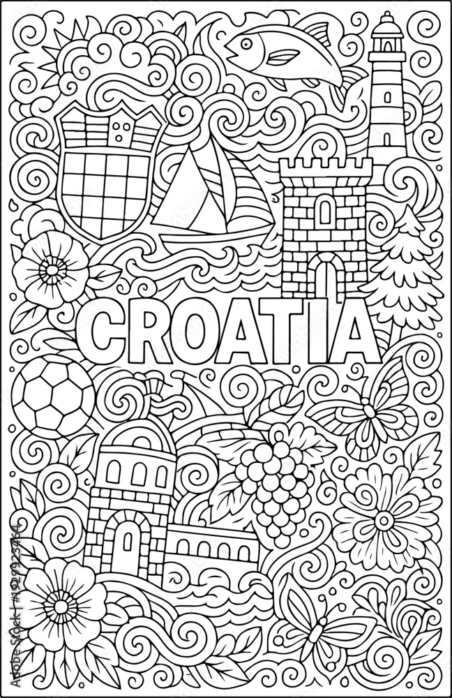 Fototapeta premium Croatia hand drawn vector illustration doodle art line art coloring page for kids