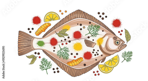 Flatfish preparation with lemon, herbs, and spices, top view, illustration