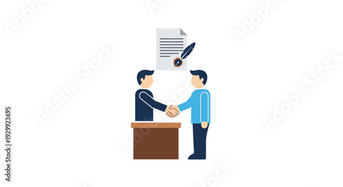 Two businessmen shaking hands over a desk to finalize a written agreement or contract, symbolizing successful partnership on an isolated white background.