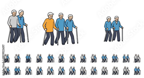 Diverse groups of elderly people walking together with canes and walking sticks, depicting active senior citizens on an isolated white background.