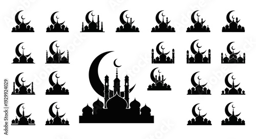 Collection of Islamic mosque and crescent moon silhouette icons for religious celebrations, isolated white background.