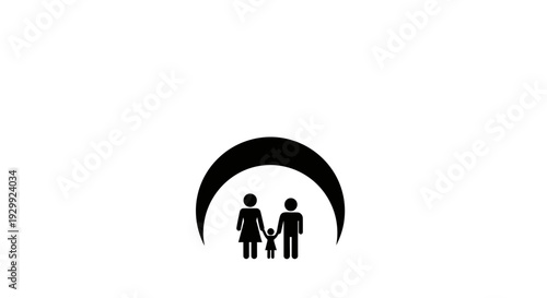 Caring family with one child standing under a protective arch silhouette, isolated white background.
