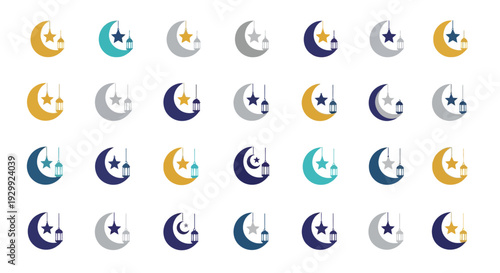 Collection of colorful crescent moon, star, and lantern icons in various styles, isolated white background.