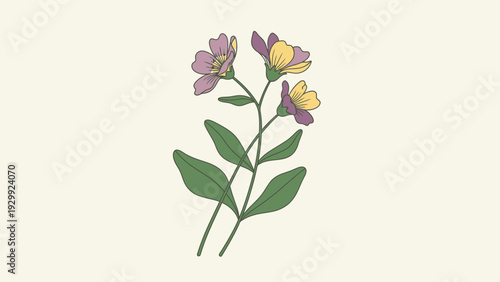 Watercolor Illustration of Purple Flowers and Leaves.