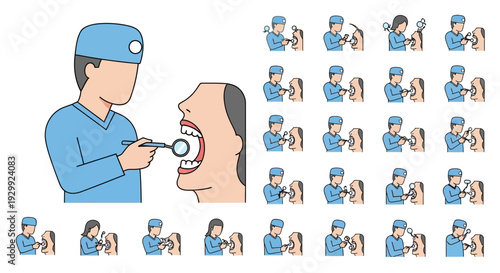 Dentist Examining Patient's Mouth During Dental Check-up Icon Set on Isolated White Background