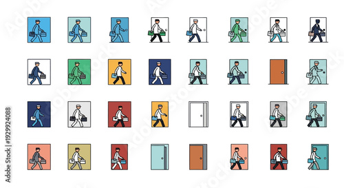 People Walking Through Doors Icon Set Representing Entry and Exit on Isolated White Background