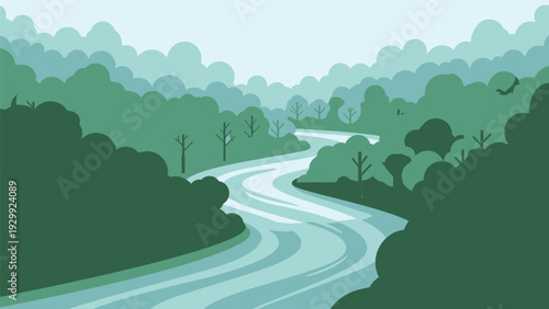 Winding Road through Green Landscape Illustration.