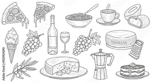 Hand Drawn Italian Food Doodle Set – Pizza Pasta Wine Cheese Coffee Line Art Collection