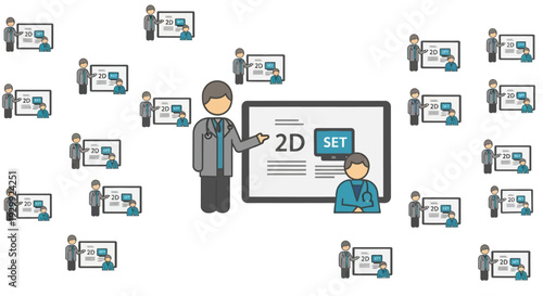 Doctor Presenting 2D Medical Data on Screen to Patient in Virtual Consultation in Bright Studio