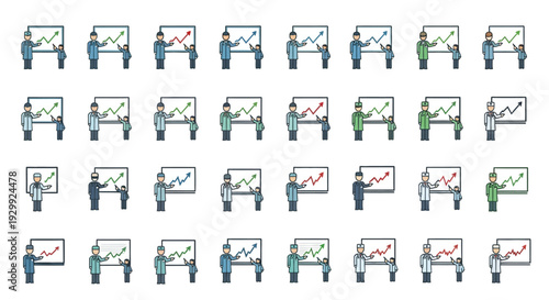 Collection of various graph and chart icons with people working on laptops.